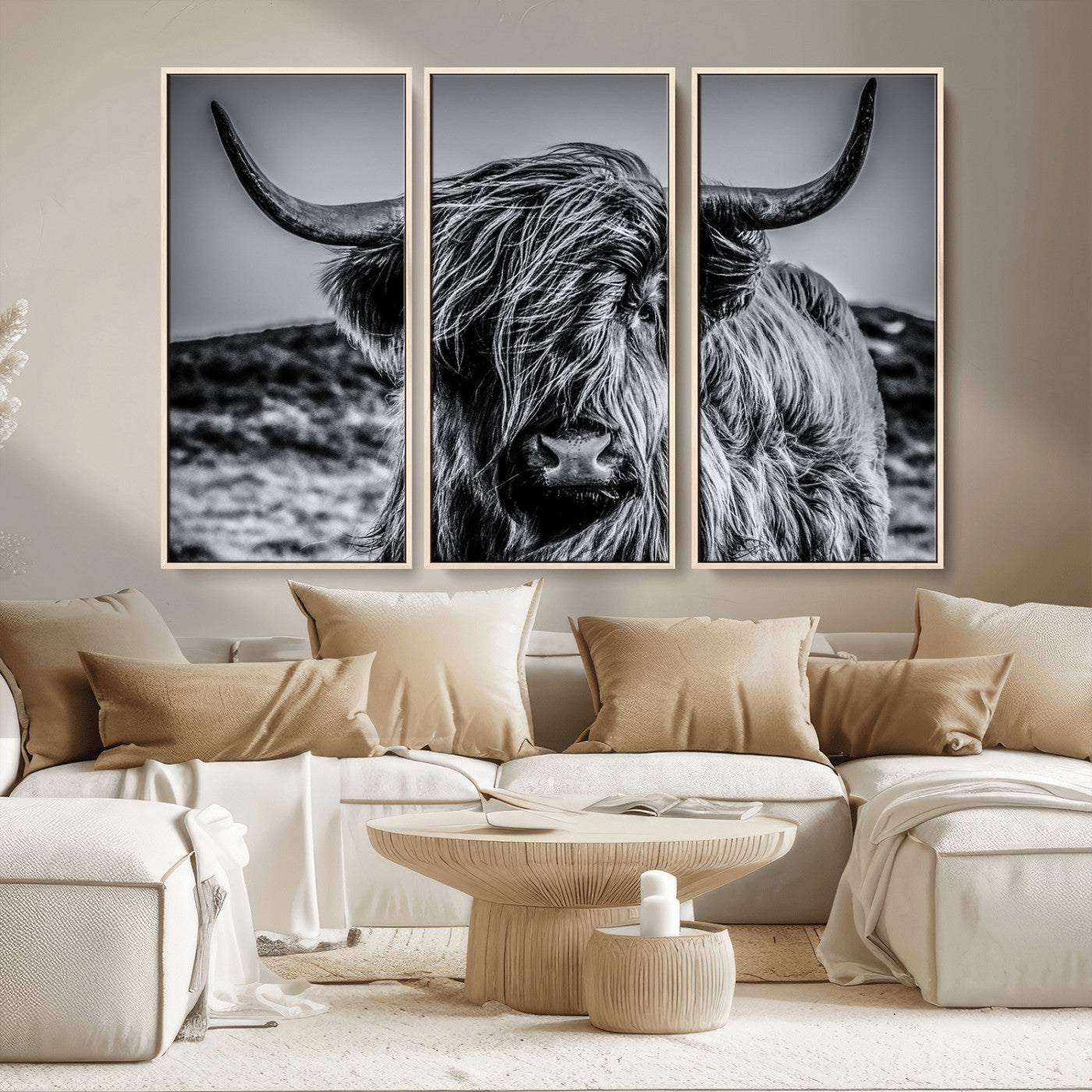 97372-MGV-CV-36X24-Elegant Highland Cow Wall Art – Black and White Canvas Print, Rustic Nature Decor for Home, Office, Living Room or Man Cave
