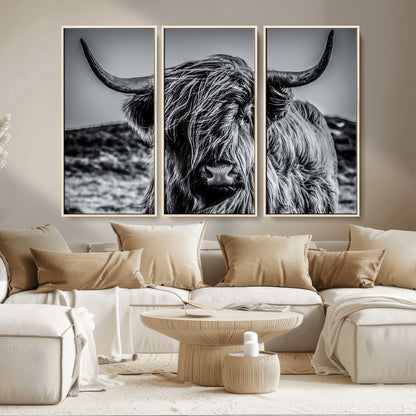 97372-MGV-CV-36X24-Elegant Highland Cow Wall Art – Black and White Canvas Print, Rustic Nature Decor for Home, Office, Living Room or Man Cave