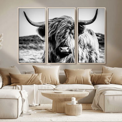 36979-MGV-CV-36X24-Striking black-and-white portrait of a Highland cow with flowing fur and majestic horns, perfect for rustic and elegant home or