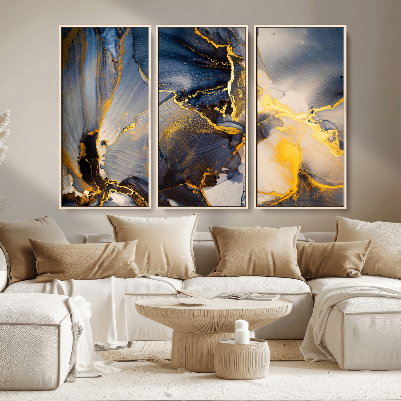 42100-MGV-CV-36X24-Golden Flow Abstract Wall Art – Panoramic Modern Blue and Gold Canvas Print, Contemporary Artistic Decor for Home, Office