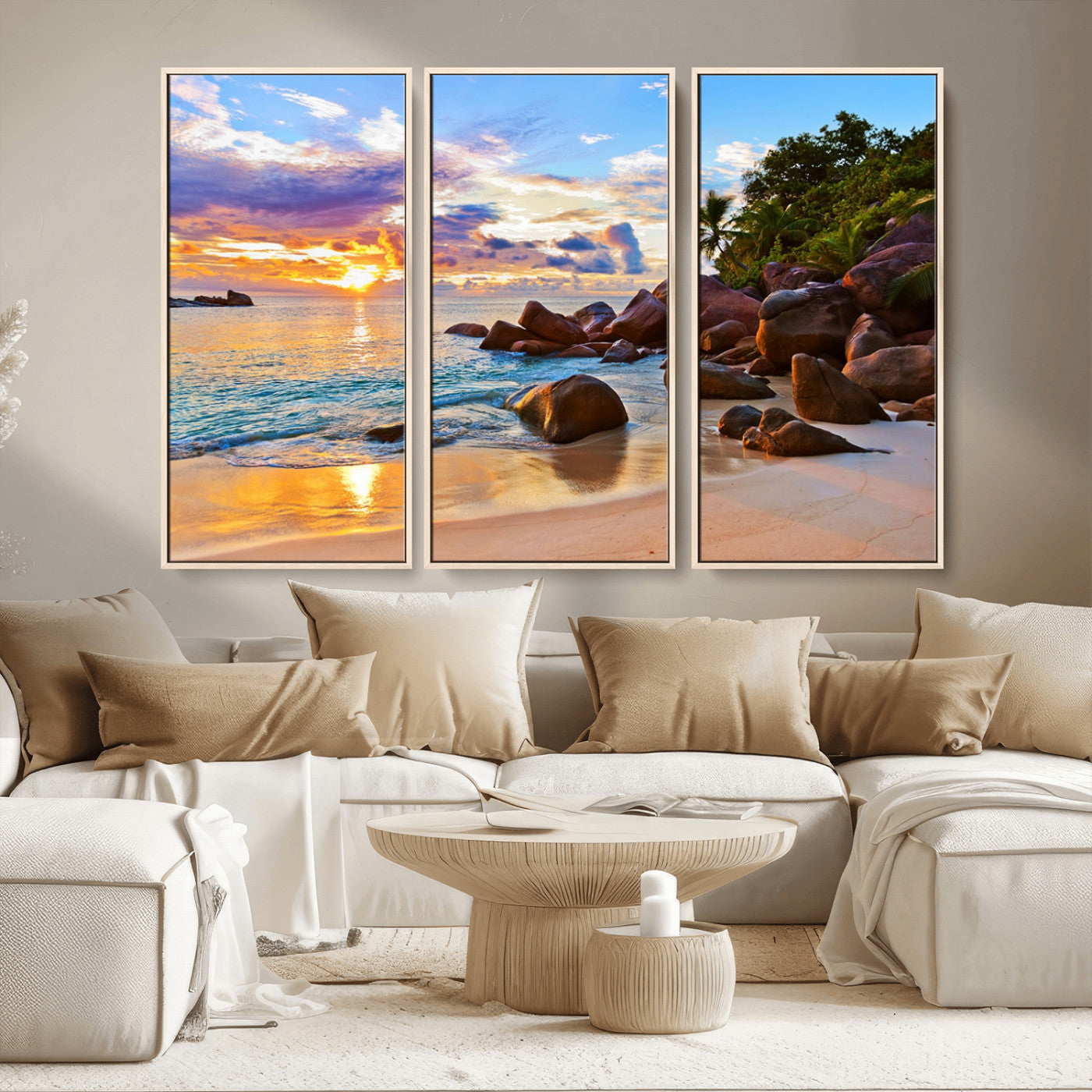 43209-MGV-CV-36X24-Tropical Beach Sunset Wall Art – Golden Ocean Waves and Palm Trees with Rocky Shore Canvas Print, Coastal Seascape Decor for