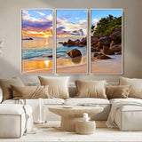 43209-MGV-CV-36X24-Tropical Beach Sunset Wall Art – Golden Ocean Waves and Palm Trees with Rocky Shore Canvas Print, Coastal Seascape Decor for