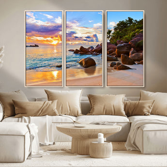 43209-MGV-CV-36X24-Tropical Beach Sunset Wall Art – Golden Ocean Waves and Palm Trees with Rocky Shore Canvas Print, Coastal Seascape Decor for