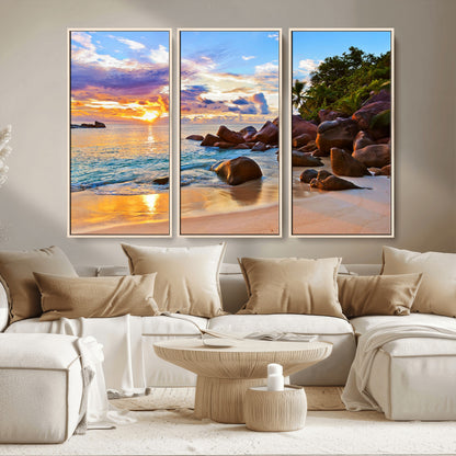 43209-MGV-CV-36X24-Tropical Beach Sunset Wall Art – Golden Ocean Waves and Palm Trees with Rocky Shore Canvas Print, Coastal Seascape Decor for