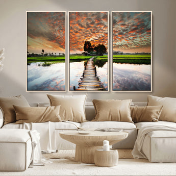 29105-MGV-CV-36X24-Rustic Wooden Bridge Wall Art – Scenic Sunset Over Rice Fields and Reflective Water Canvas Print, Nature Landscape Decor for