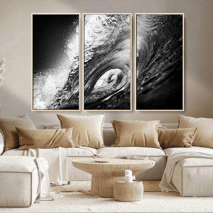 22702-MGV-CV-36X24-Black and White Ocean Wave Wall Art – Powerful Surf Curl Photography Canvas Print, Modern Coastal Decor for Living Room, Office or