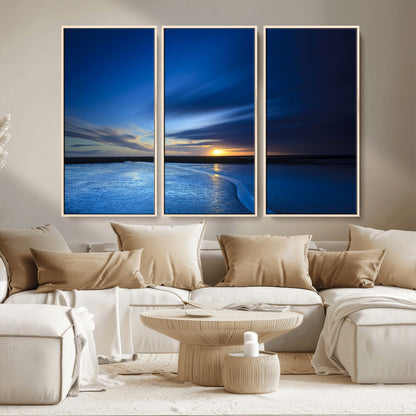 65405-MGV-CV-36X24-Blue Sunrise Seascape Wall Art – Tranquil Ocean Horizon Canvas Print with Golden Sunlight and Deep Sky, Coastal Landscape Decor