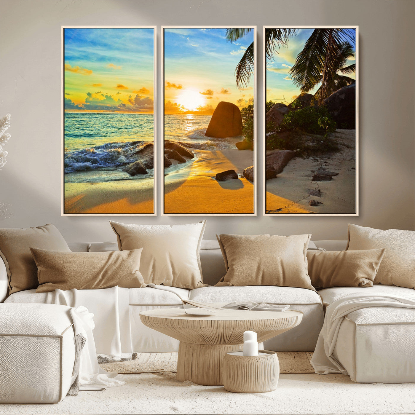 26181-MGV-CV-36X24-Golden Tropical Sunset Beach Wall Art – Ocean Canvas Print with Palm Trees and Rocks, Coastal Paradise Decor for Living Room or