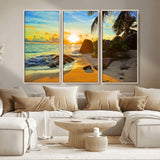 26181-MGV-CV-36X24-Golden Tropical Sunset Beach Wall Art – Ocean Canvas Print with Palm Trees and Rocks, Coastal Paradise Decor for Living Room or