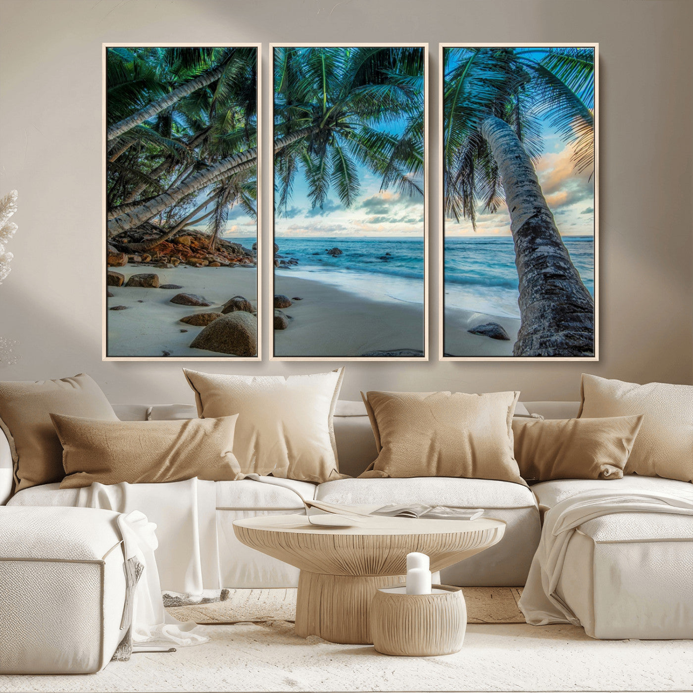 39679-MGV-CV-36X24-Tropical Palm Beach Wall Art – Serene Ocean Canvas Print with Palm Trees and Rocks, Coastal Paradise Decor for Living Room or