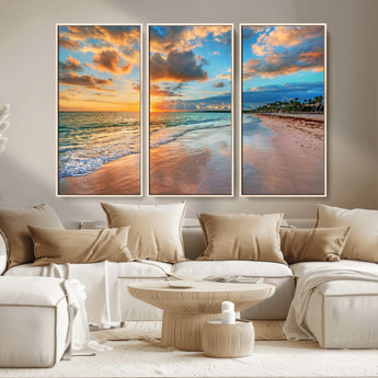 41572-MGV-CV-36X24-Sunset Beach Wall Art – Ocean Waves and Palm Trees Canvas Print, Tropical Coastal Sunset Seascape Decor for Living Room, Bedroom