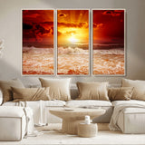 60211-MGV-CV-36X24-Fiery Sunset Ocean Waves Canvas Print – Vibrant Red & Orange Coastal Wall Art, Dramatic Seascape Decor