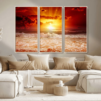 60211-MGV-CV-36X24-Fiery Sunset Ocean Wall Art – Red Sky Seascape Canvas Print with Waves, Bold Coastal Sunset Decor for Living Room or Bedroom