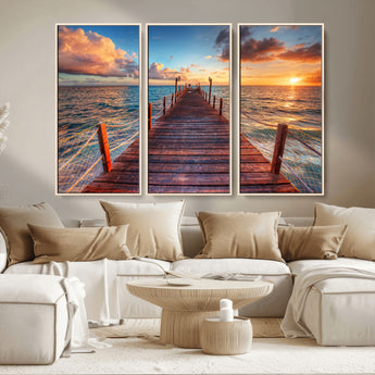 28836-MGV-CV-36X24-Ocean Pier Sunset Wall Art – Wooden Dock and Golden Horizon Canvas Print, Coastal Seascape Photography for Living Room, Bedroom,