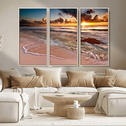 80979-MGV-CV-36X24-Golden Sunrise Beach Wall Art – Ocean Waves and Sandy Shore Canvas Print, Coastal Sunset Photography Artwork for Living Room,