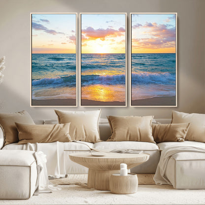 78006-MGV-CV-36X24-Golden Sunrise Ocean Wall Art – Panoramic Beach Waves Canvas Print, Coastal Seascape Artwork for Living Room, Bedroom, Office, or