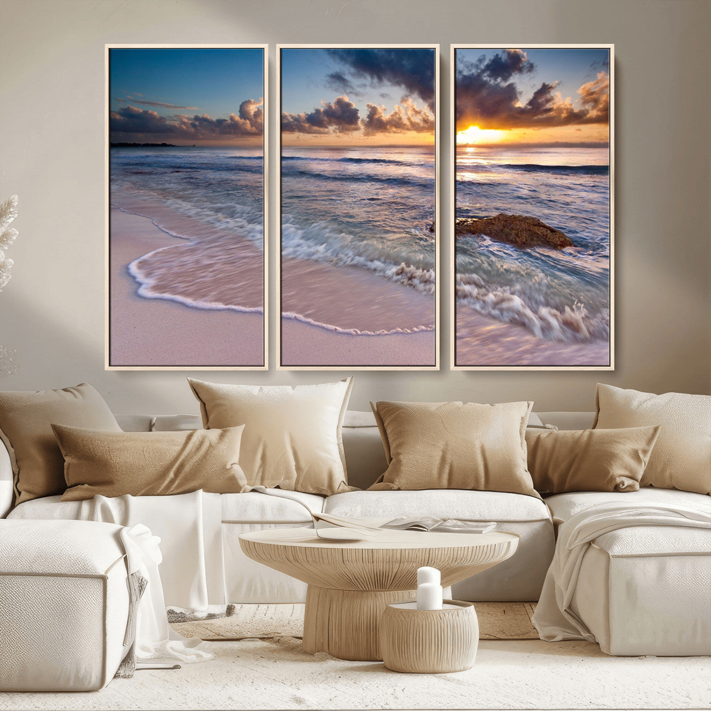 94906-MGV-CV-36X24-Sunrise Beach Wall Art – Panoramic Ocean Waves Canvas Print, Coastal Sunset Seascape Artwork for Living Room, Bedroom, or Office