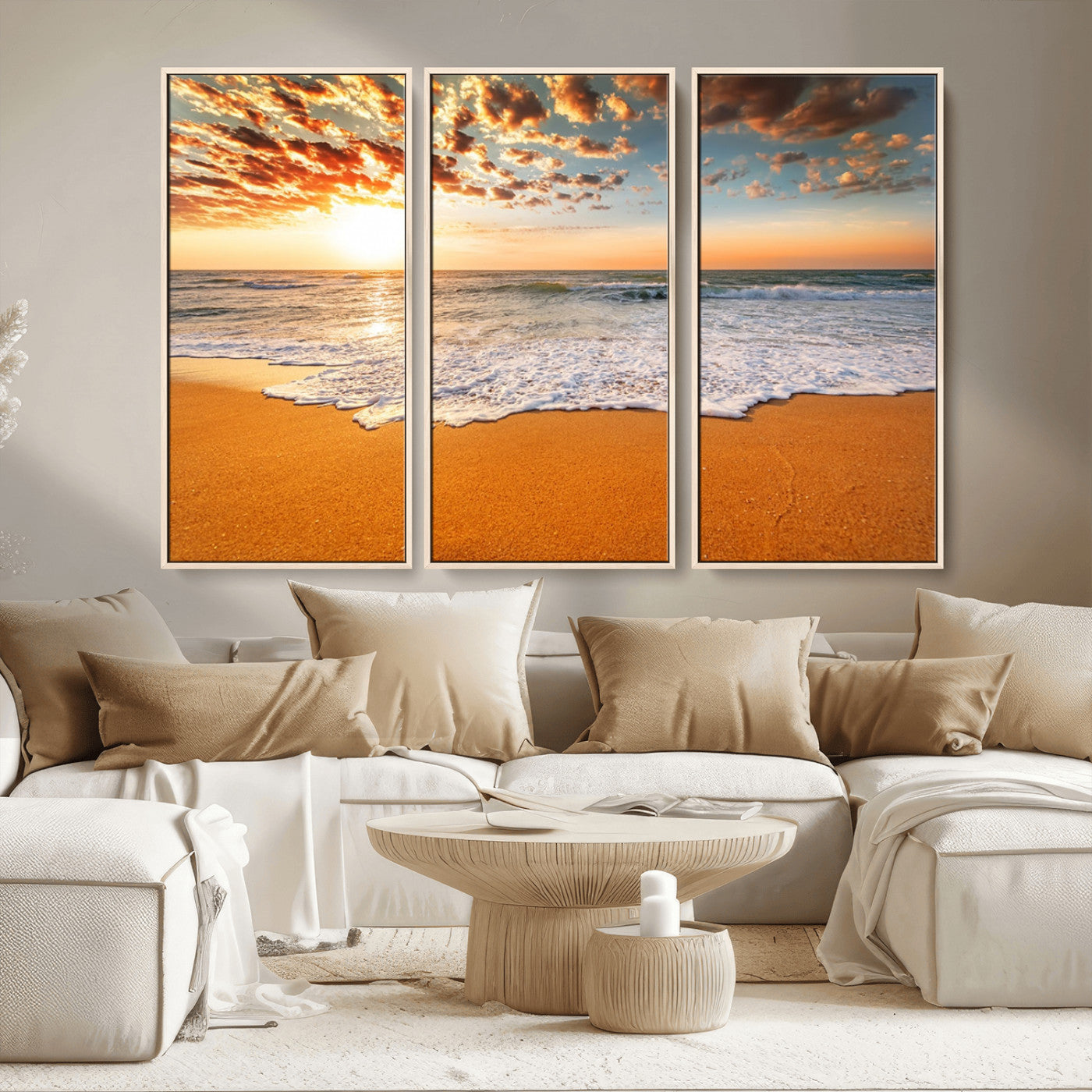 15399-MGV-CV-36X24-Golden Sunrise Beach Wall Art – Ocean Waves on Sandy Shore Canvas Print, Coastal Seascape Decor for Living Room or Bedroom