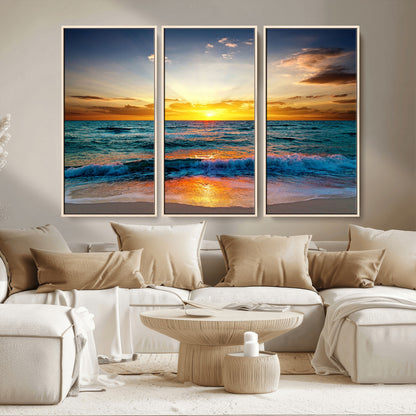 50627-MGV-CV-36X24-Ocean Sunset Wall Art – Serene Beach Canvas Print with Waves and Golden Sky, Coastal Decor for Living Room or Office