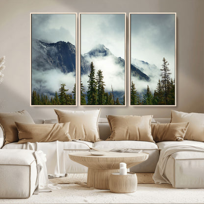 93219-MGV-CV-36X24-Misty Mountain Wall Art – Foggy Pines and Rocky Peaks Canvas Print, Nature Landscape Decor for Living Room, Office or Bedroom