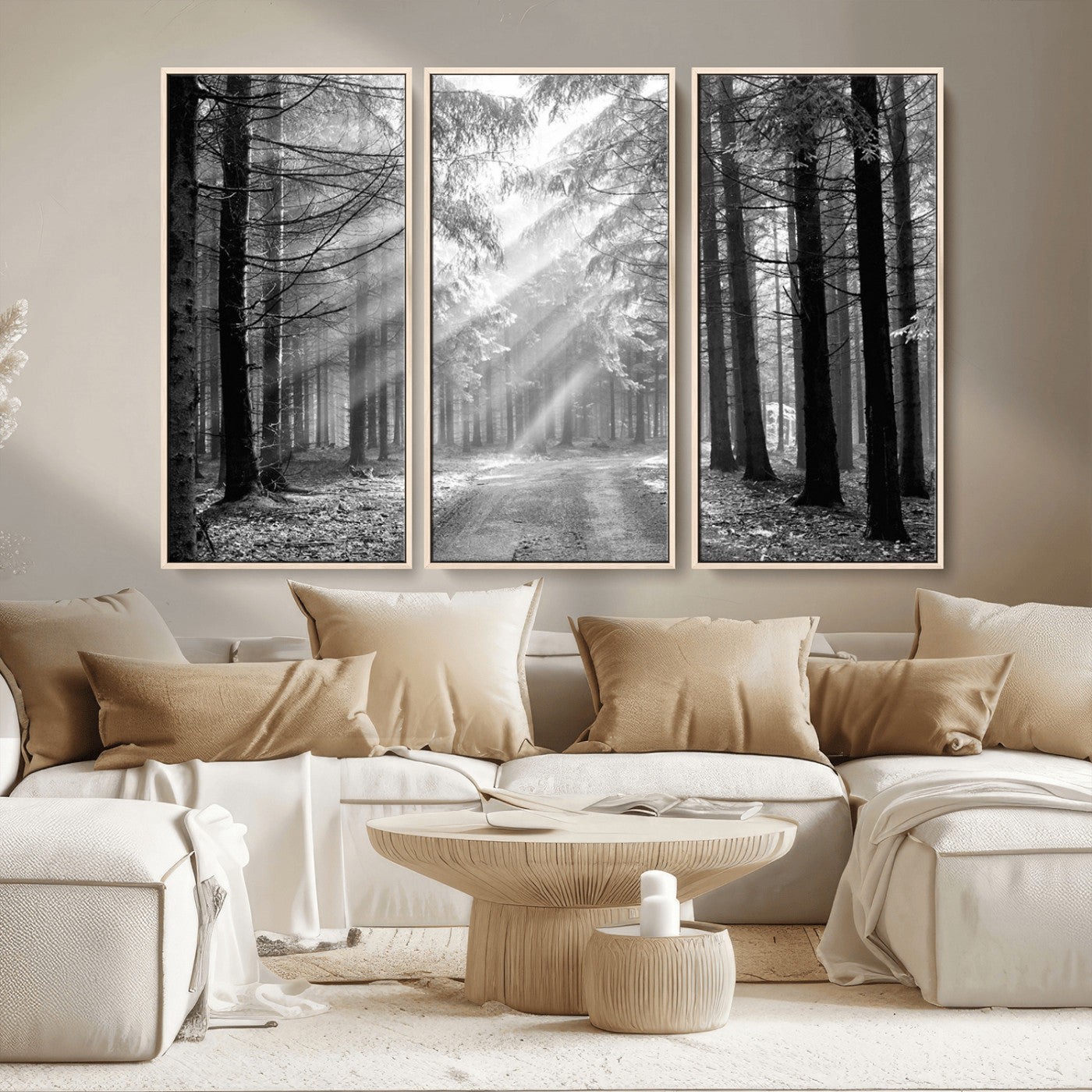 39665-MGV-CV-36X24-Black and White Forest Path Wall Art – Sunlight Rays in Trees Canvas Print, Nature Landscape Decor for Living Room or Office