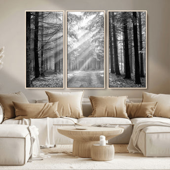 39665-MGV-CV-36X24-Black and White Forest Path Wall Art – Sunlight Rays in Trees Canvas Print, Nature Landscape Decor for Living Room or Office