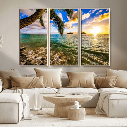 68606-MGV-CV-36X24-Tropical Palm Tree Ocean Wall Art – Sunset Beach Seascape Print, Coastal Paradise Decor for Living Room or Office
