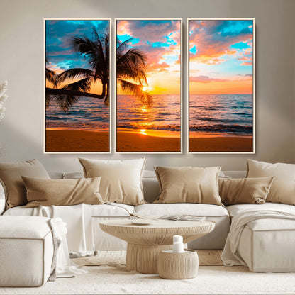 34674-MGV-CV-36X24-Tropical Sunset Beach Wall Art – Palm Tree Ocean Canvas Print, Coastal Seascape Decor for Living Room or Office Wall