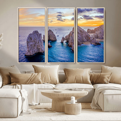 72955-MGV-CV-36X24-Ocean Rock Formation Wall Art – Sunset Coastal Seascape Print, Beach Landscape Decor for Living Room or Office