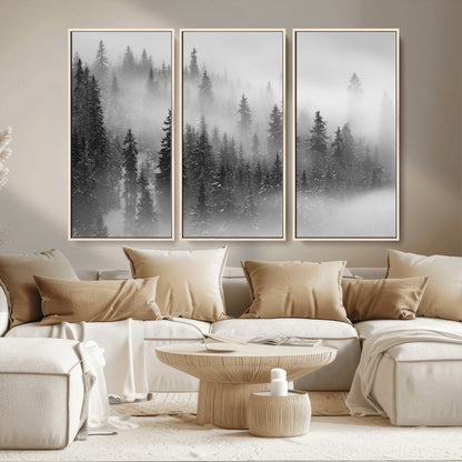 57235-MGV-CV-36X24-Misty Pine Forest Wall Art – Black and White Mountain Landscape Canvas Print, Nature Woodland Decor for Living Room, Bedroom or