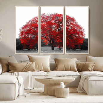 80021-MGV-CV-36X24-Red Tree Wall Art – Striking Black and White Landscape Canvas Print with Vibrant Red Leaves, Modern Nature Decor for Living Room
