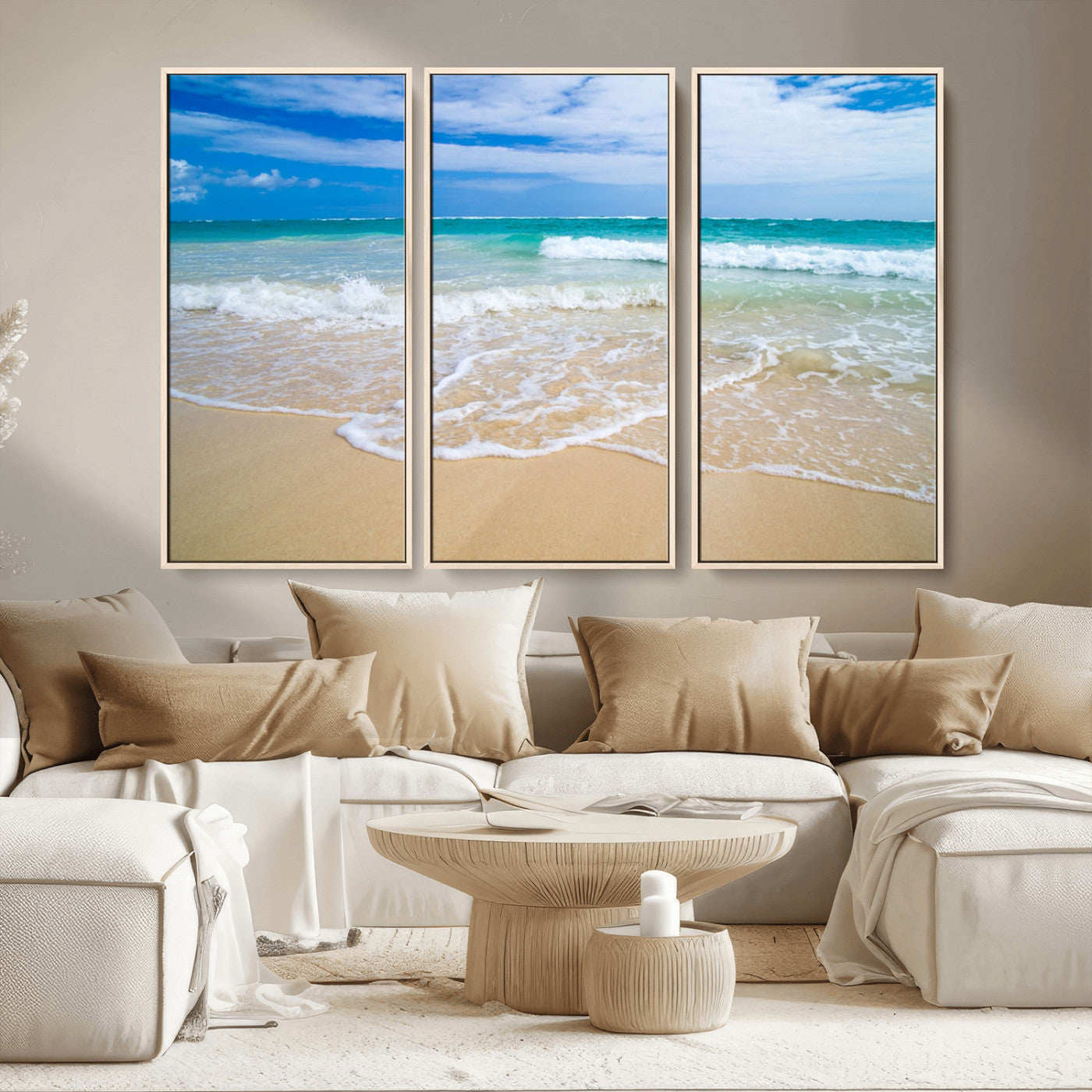 20660-MGV-CV-36X24-Ocean Wave Beach Wall Art – Serene Blue Sea and Sandy Shore Canvas Print, Coastal Landscape Photography Decor for Living Room or