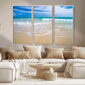 20660-MGV-CV-36X24-Ocean Wave Beach Wall Art – Serene Blue Sea and Sandy Shore Canvas Print, Coastal Landscape Photography Decor for Living Room or