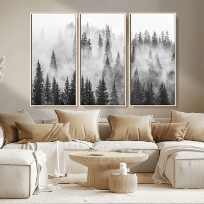 10422-MGV-CV-36X24-Misty Pine Forest Wall Art – Black and White Foggy Landscape Canvas Print, Serene Nature Woodland Decor for Bedroom, Office or