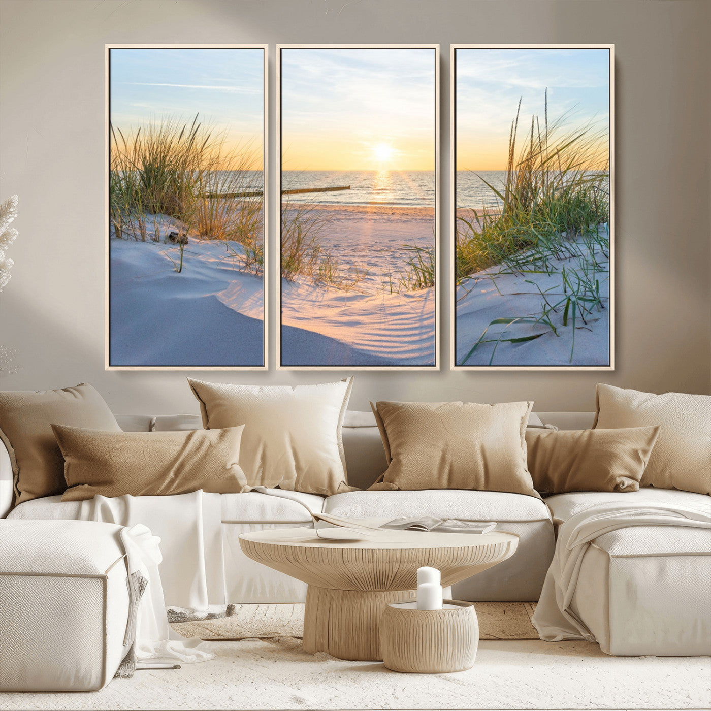 48907-MGV-CV-36X24-Beach Sunset Wall Art – Coastal Sand Dunes and Ocean View Canvas Print, Serene Seaside Landscape Painting for Living Room, Bedroom