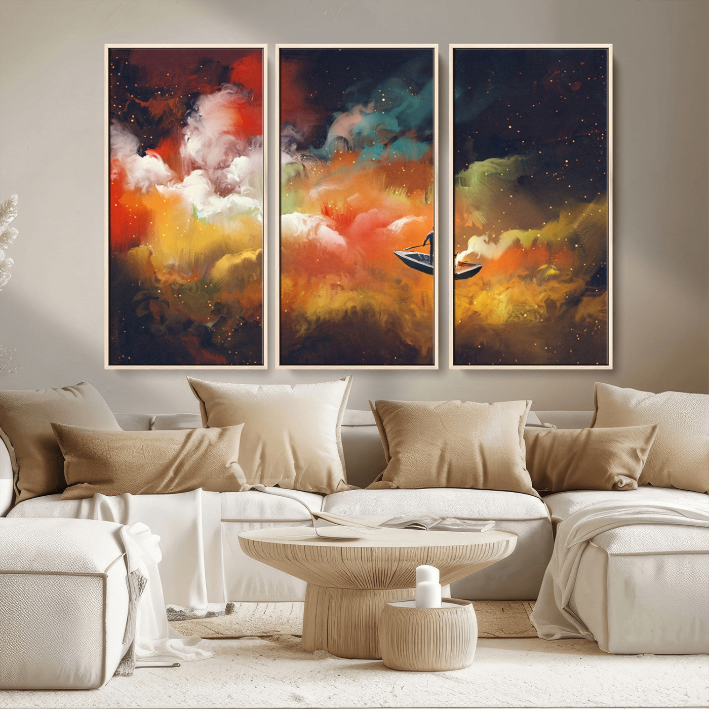 45085-MGV-CV-36X24-Surreal Cosmic Wall Art – Abstract Galaxy Dreamscape Canvas Print with Man and Dog in Boat, Fantasy Nebula Painting for Living