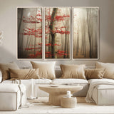 61855-MGV-CV-36X24-Misty Forest Wall Art – Red Tree with Autumn Leaves Canvas Print, Moody Woodland Nature Decor for Living Room, Bedroom, or Office