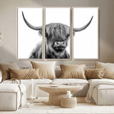 10123-MGV-CV-36X24-Black and White Highland Cow Wall Art – Modern Farmhouse Animal Print, Rustic Scottish Bull Canvas Decor for Living Room, Bedroom,