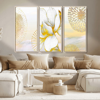 82301-MGV-CV-36X24-Modern Floral Wall Art – White Flower with Gold Detailing Canvas Print, Elegant Abstract Artwork for Living Room, Bedroom, or