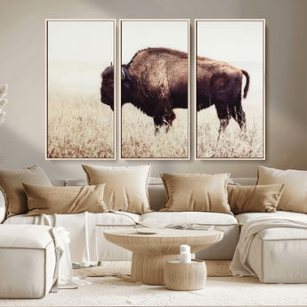 48406-MGV-CV-36X24-American Bison Wall Art – Rustic Buffalo Canvas Print in Prairie Field, Western Wildlife Photography Decor for Cabin, Lodge,
