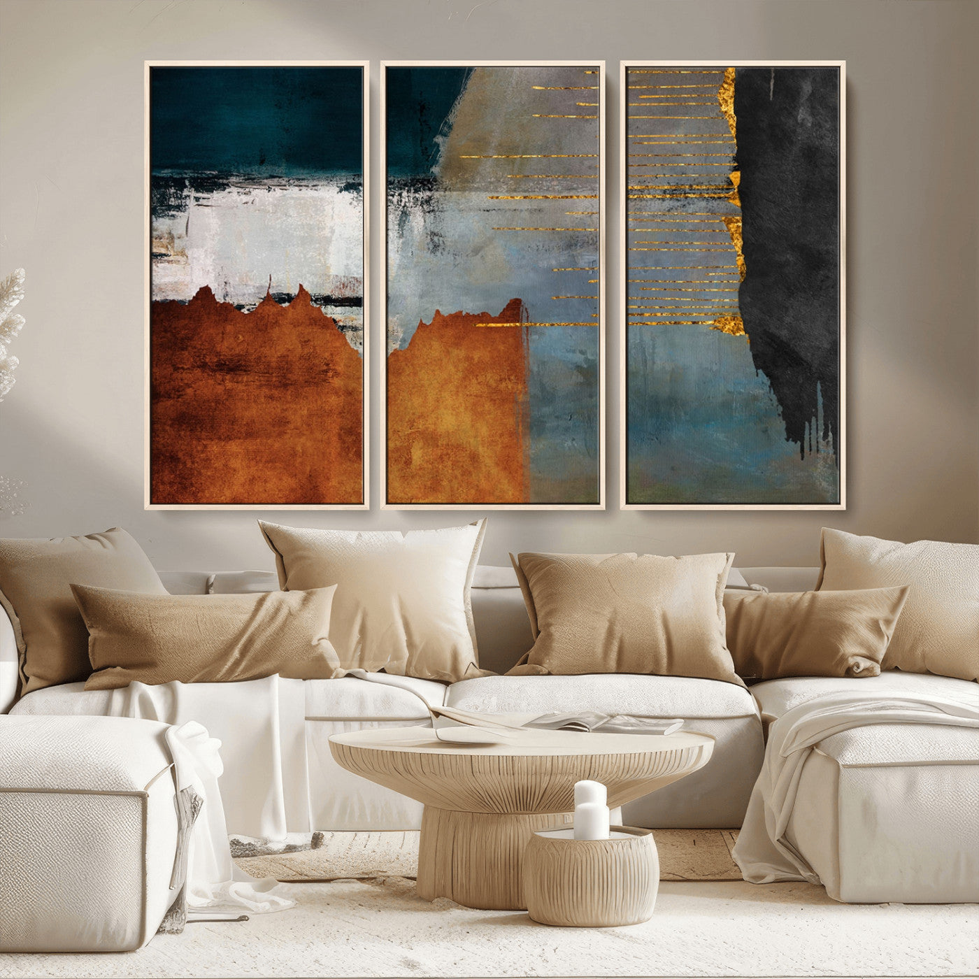 35026-MGV-FC-48X32-3P_Natural-Abstract Canvas Wall Art – Modern Teal, Rust, Black and Gold Textured Painting, Contemporary Decor for Living Room, Bedroom or