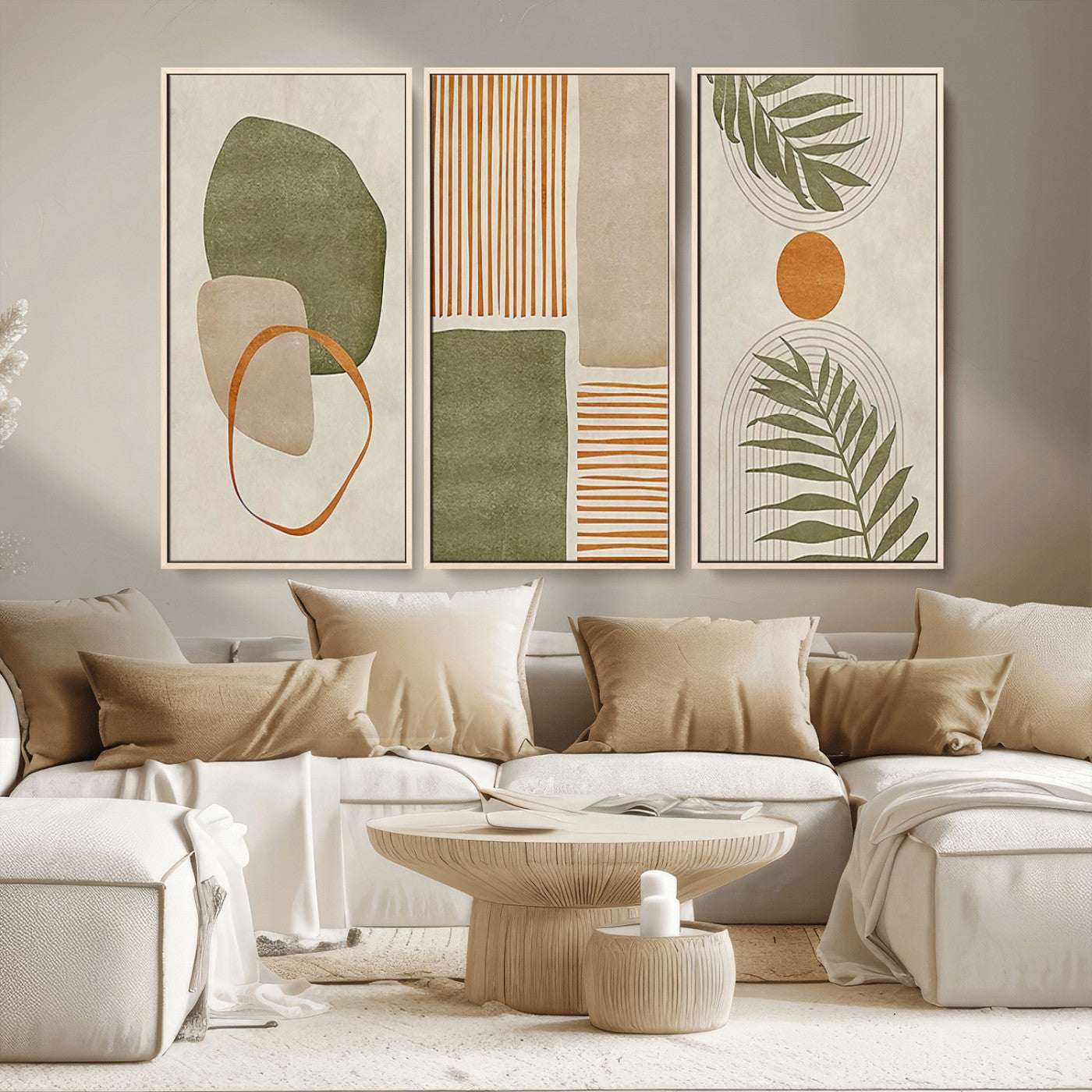 96002-MGV-CV-36X24-Abstract Geometric Wall Art – Modern Canvas Print with Green, Orange & Beige Shapes, Minimalist Home Decor for Living Room, Office