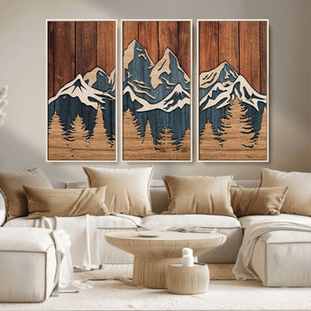 41330-MGV-CV-36X24-Rustic Mountain Wall Art – Wooden Nature Scene with Trees and Peaks, Handmade 3D Layered Decor for Living Room, Cabin or Office