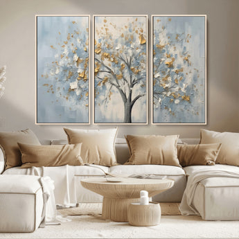65811-MGV-CV-36X24-Abstract Tree Wall Art – Textured Canvas Painting with Gold and White Leaves, Modern Nature Inspired Decor for Living Room or