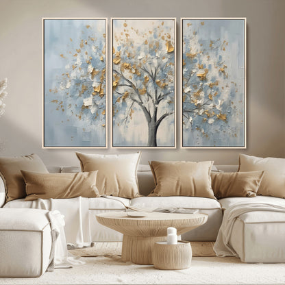 65811-MGV-CV-36X24-Abstract Tree Wall Art – Textured Canvas Painting with Gold and White Leaves, Modern Nature Inspired Decor for Living Room or