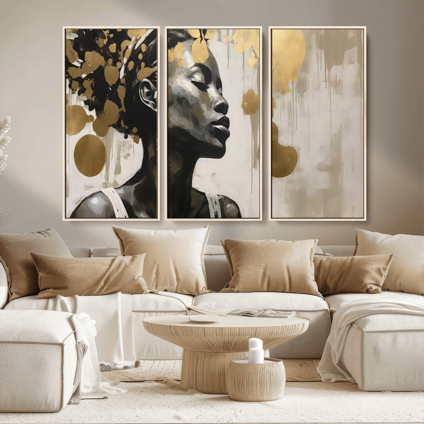 65669-MGV-CV-36X24-Elegant Black Woman Wall Art – Modern Abstract Portrait Canvas with Gold Accents, Contemporary Afrocentric Decor for Living Room
