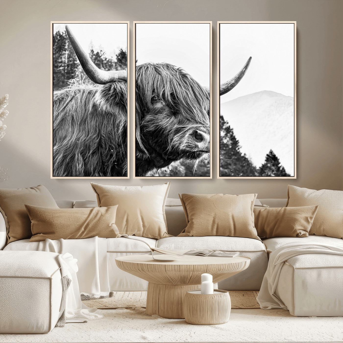 61570-MGV-CV-36X24-Highland Cow Wall Art – Black and White Scottish Bull Canvas Print, Rustic Farmhouse Animal Decor for Living Room, Bedroom, or