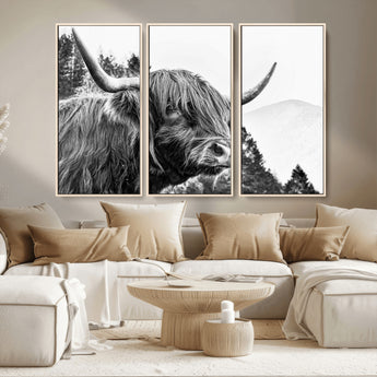 61570-MGV-CV-36X24-Highland Cow Wall Art – Black and White Scottish Bull Canvas Print, Rustic Farmhouse Animal Decor for Living Room, Bedroom, or