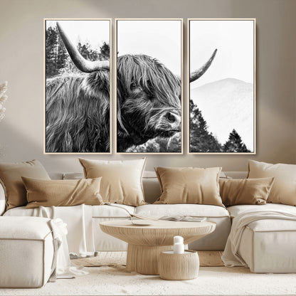61570-MGV-CV-36X24-Highland Cow Wall Art – Black and White Scottish Bull Canvas Print, Rustic Farmhouse Animal Decor for Living Room, Bedroom, or