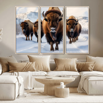 56701-MGV-FC-48X32-3P_Natural-Bison Herd Wall Art – Buffalo Walking in Snowy Mountains Canvas Print, Rustic Wildlife Decor for Cabin, Lodge, or Living Room
